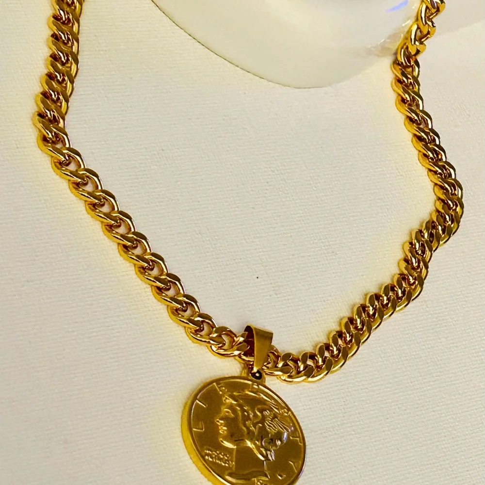Gold Coin Pendant Necklace Stainless Steel - Picture 7 of 7